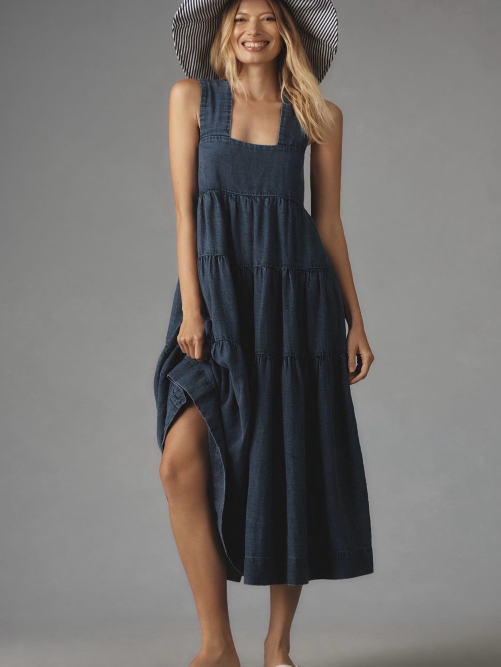 The Helena Square-Neck Tiered Midi Dress: Smocked: Denim Edition
